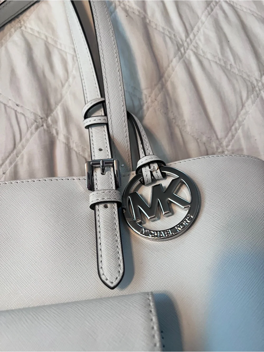 Michael Kors White Leather Tote with Front Envelope Pocket